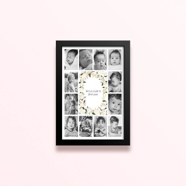 Simple framed prints designs for baby's first year with floral border and twelve photos.
