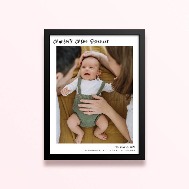 Simple framed prints designs with one photo of a baby and personalised text.