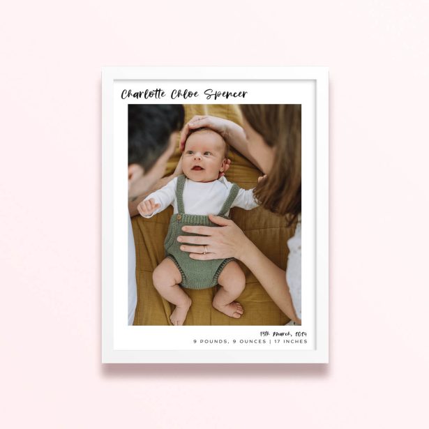 Simple framed prints designs with one photo of a baby and personalised text.