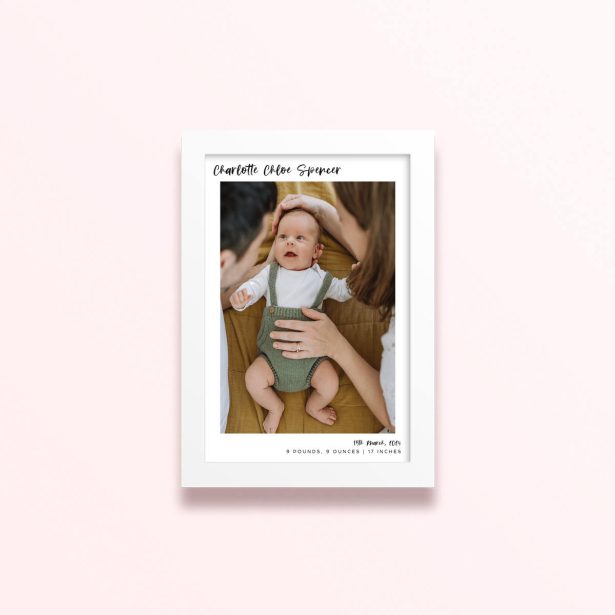 Simple framed prints designs with one photo of a baby and personalised text.