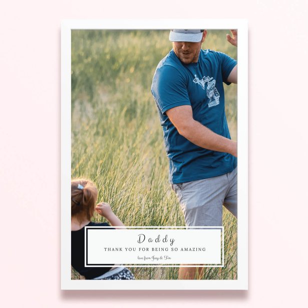 Simple framed prints designs featuring one photo with personalised message.