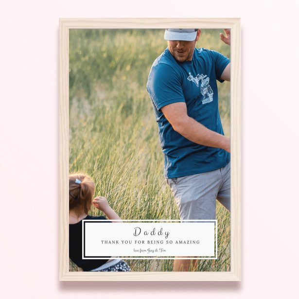 Simple framed prints designs featuring one photo with personalised message.