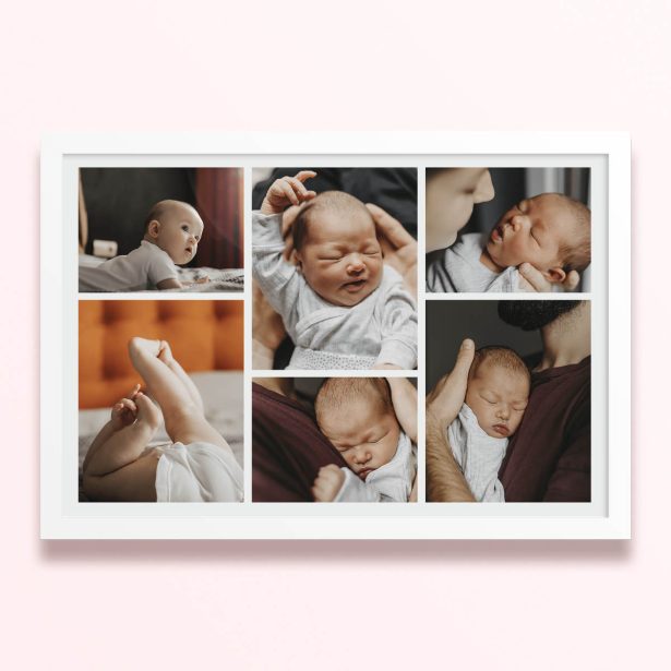 Simple framed prints designs with six photos of a baby.