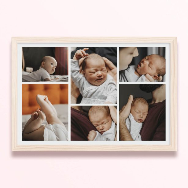 Simple framed prints designs with six photos of a baby.