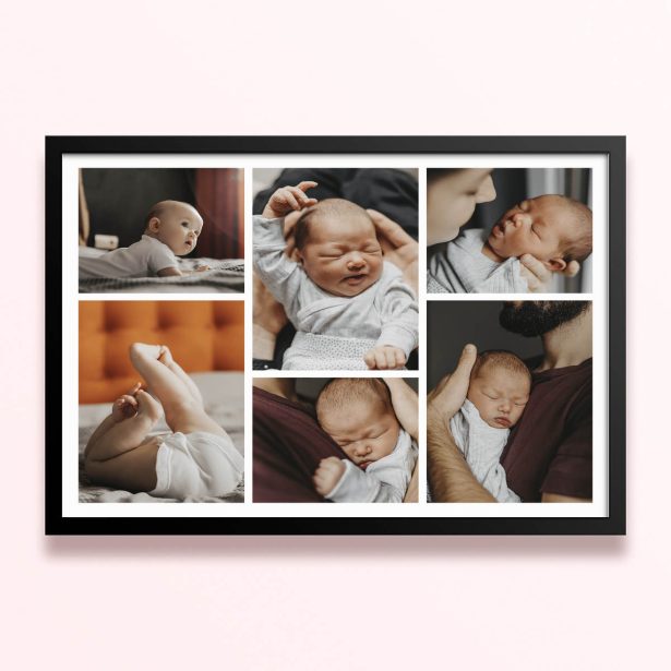 Simple framed prints designs with six photos of a baby.