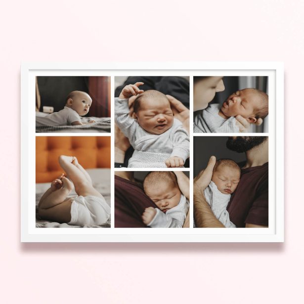 Simple framed prints designs with six photos of a baby.