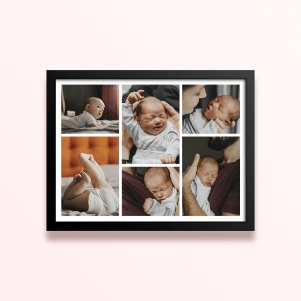 Simple framed prints designs with six photos of a baby.