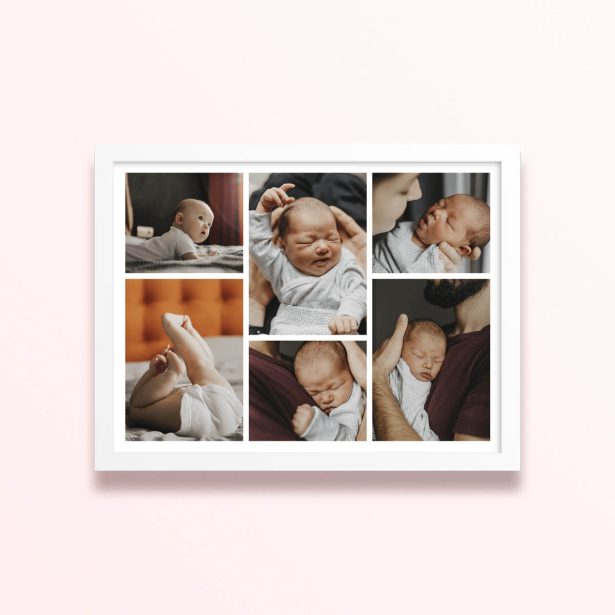 Simple framed prints designs with six photos of a baby.