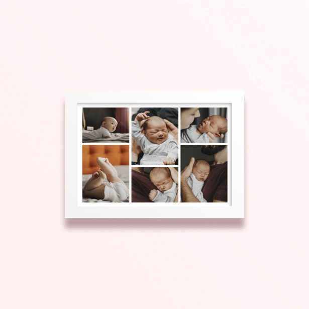 Simple framed prints designs with six photos of a baby.
