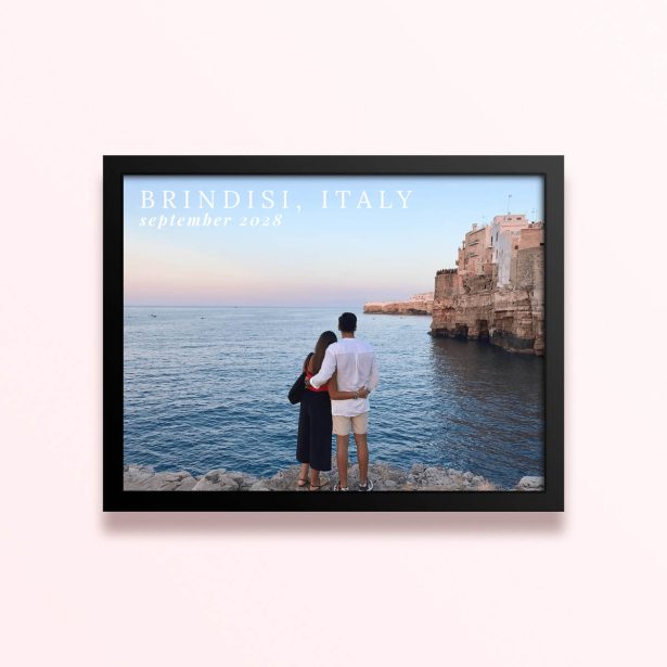 Simple framed prints designs with two people admiring the sea in Brindisi, Italy