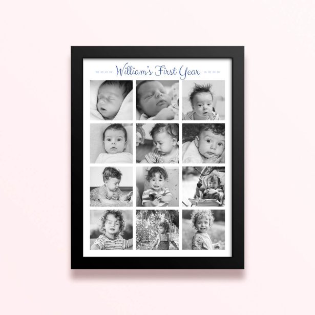 Simple framed prints designs featuring a collage of 12 monochrome baby photos