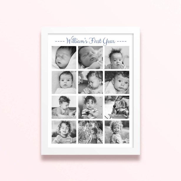 Simple framed prints designs featuring a collage of 12 monochrome baby photos