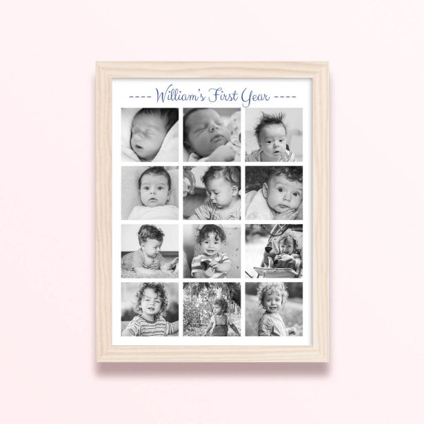 Simple framed prints designs featuring a collage of 12 monochrome baby photos