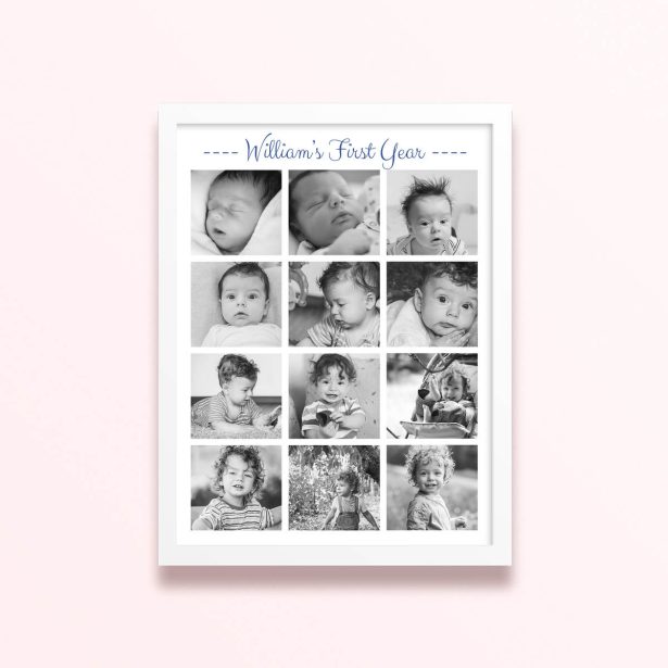 Simple framed prints designs featuring a collage of 12 monochrome baby photos