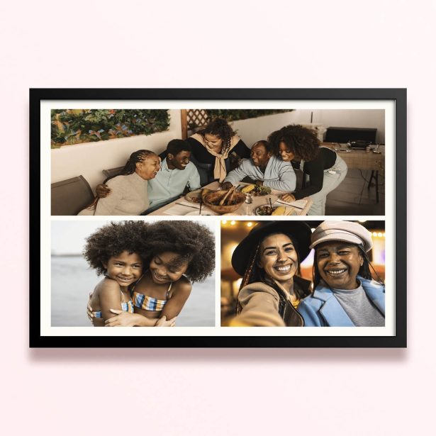Simple framed prints designs featuring a collage of three family photos.