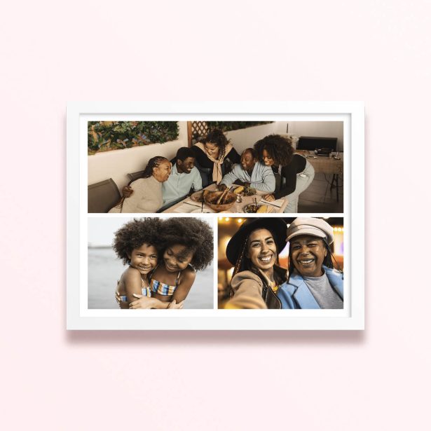 Simple framed prints designs featuring a collage of three family photos.