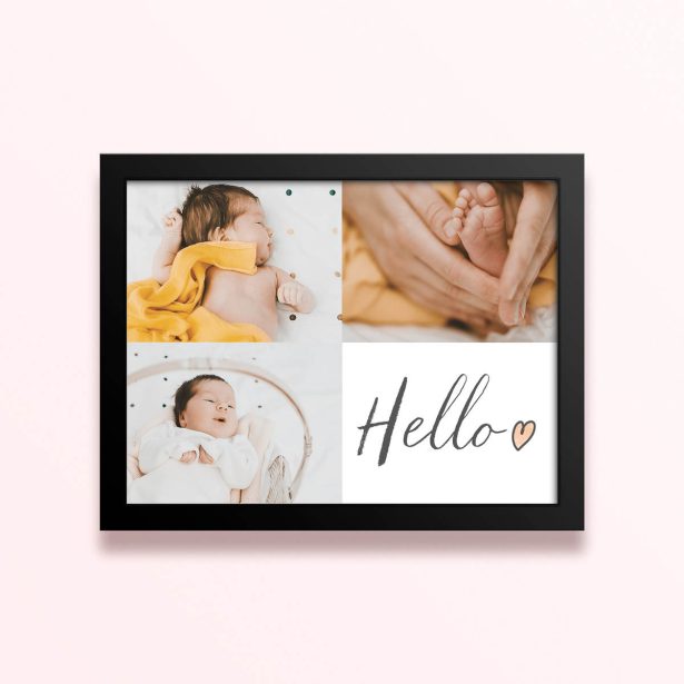 Simple framed prints designs featuring three baby photos and a "Hello" text.