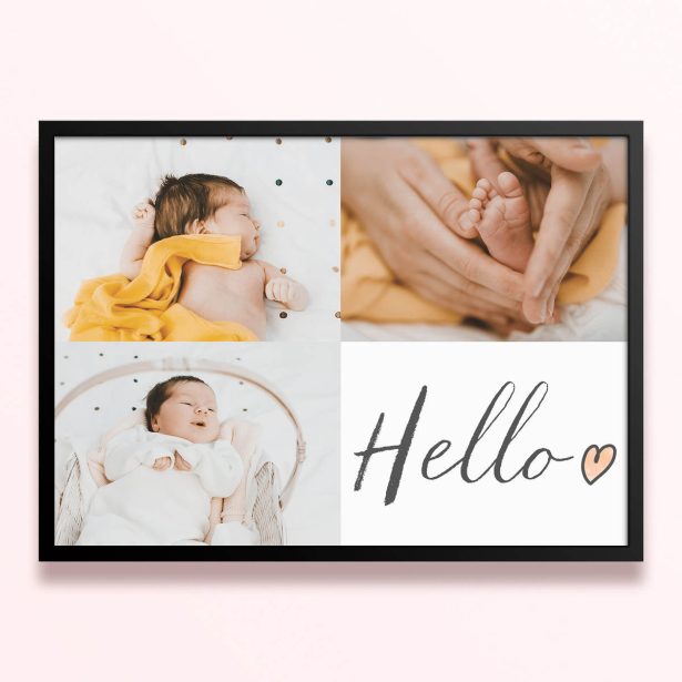 Simple framed prints designs featuring three baby photos and a "Hello" text.