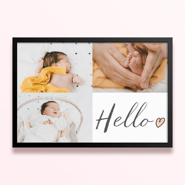 Simple framed prints designs featuring three baby photos and a "Hello" text.