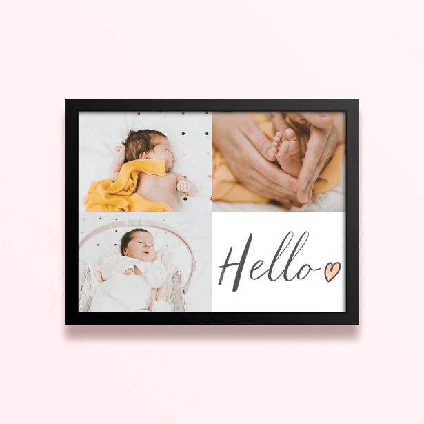 Simple framed prints designs featuring three baby photos and a "Hello" text.