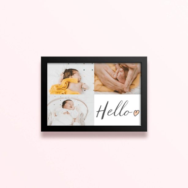 Simple framed prints designs featuring three baby photos and a "Hello" text.