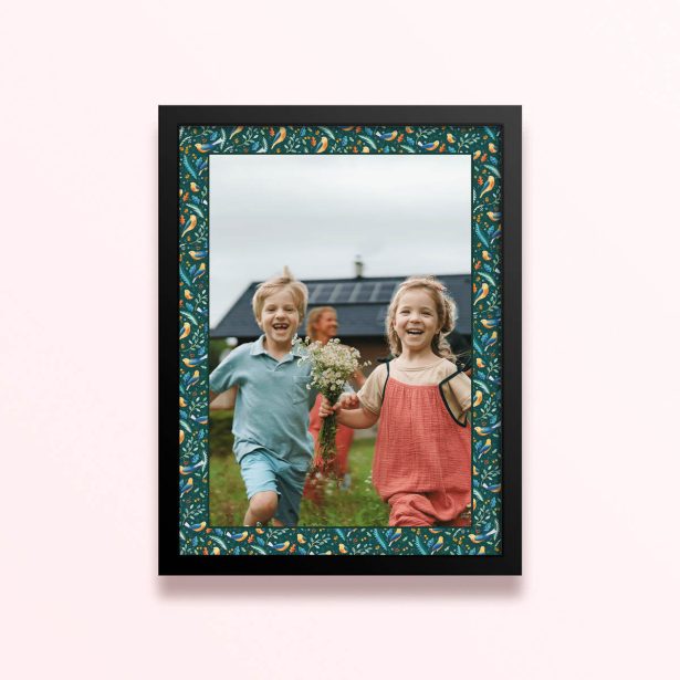 Simple framed prints designs featuring one photo with whimsical bird and floral border