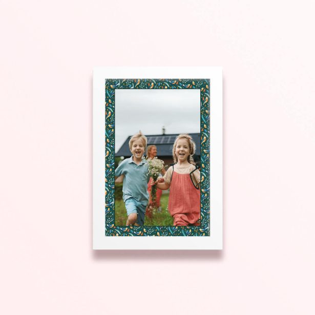 Simple framed prints designs featuring one photo with whimsical bird and floral border
