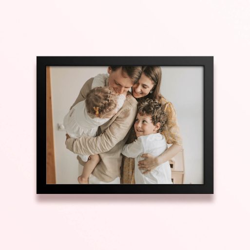 Simple framed prints designs with a family photo of four people hugging