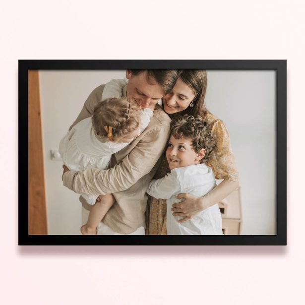 Simple framed prints designs with a family photo of four people hugging