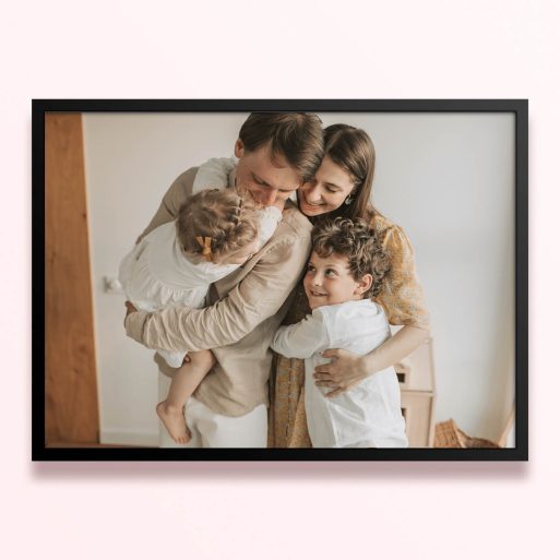 Simple framed prints designs with a family photo of four people hugging