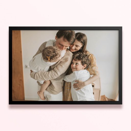 Simple framed prints designs with a family photo of four people hugging