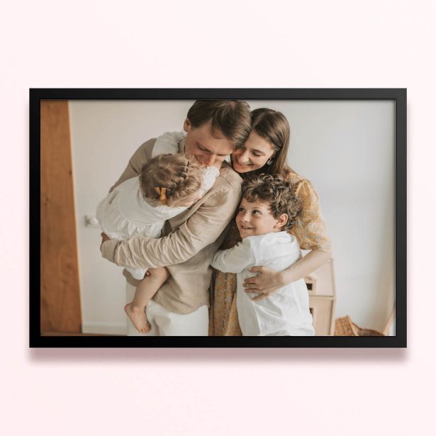 Simple framed prints designs with a family photo of four people hugging