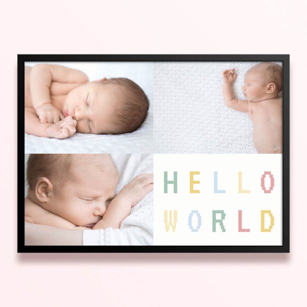 Simple framed prints designs with three photos of babies and "Hello World" text