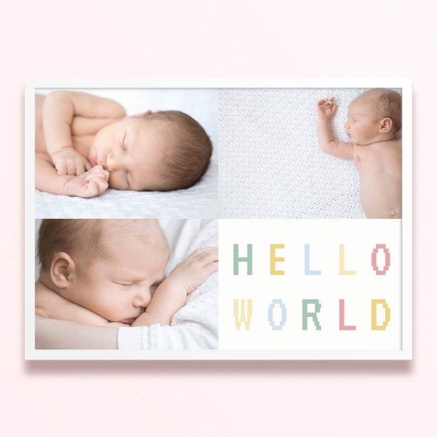 Simple framed prints designs with three photos of babies and "Hello World" text