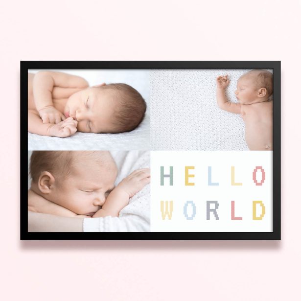 Simple framed prints designs with three photos of babies and "Hello World" text