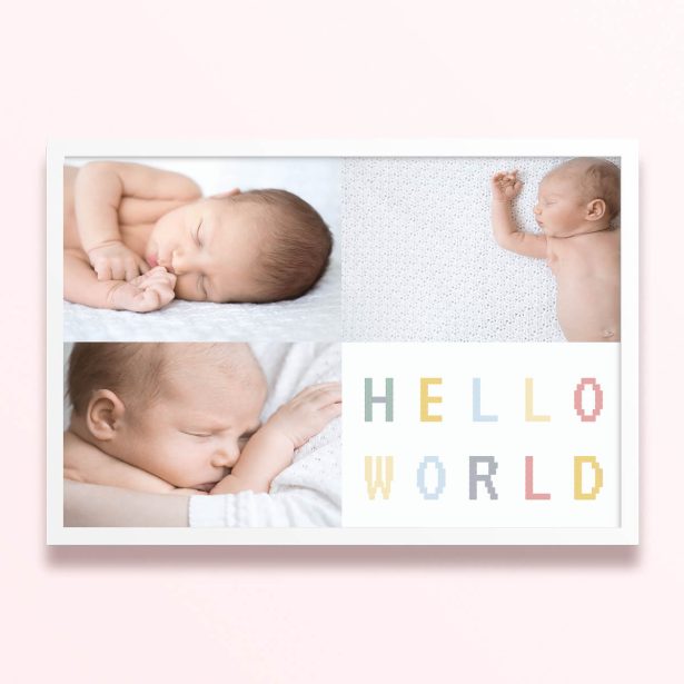 Simple framed prints designs with three photos of babies and "Hello World" text