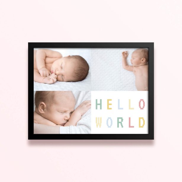 Simple framed prints designs with three photos of babies and "Hello World" text