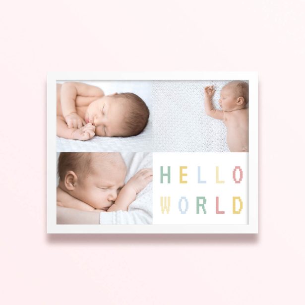 Simple framed prints designs with three photos of babies and "Hello World" text