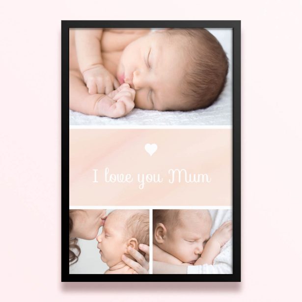 Simple framed prints designs with three baby photos and "I love you Mum" text