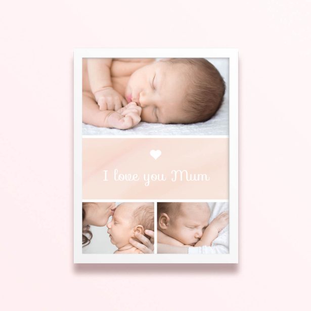 Simple framed prints designs with three baby photos and "I love you Mum" text