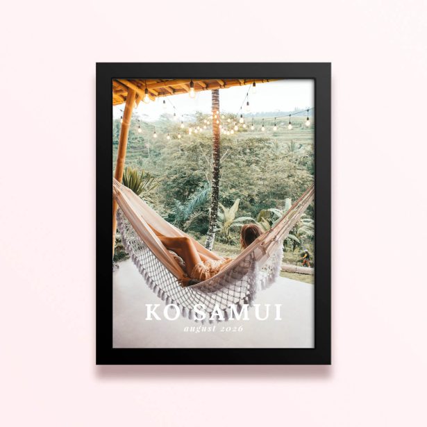 Simple framed prints designs with a single photo of a person relaxing in a hammock with a tropical landscape background