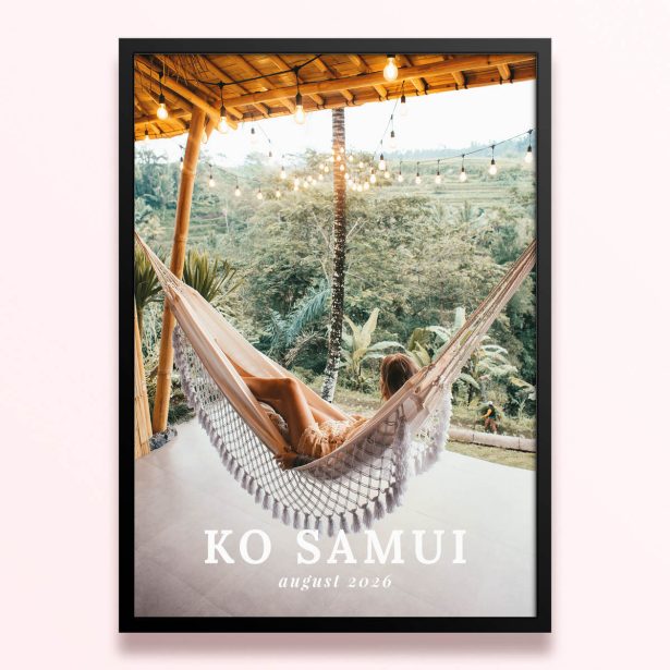 Simple framed prints designs with a single photo of a person relaxing in a hammock with a tropical landscape background