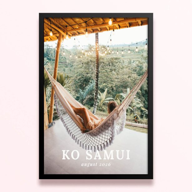 Simple framed prints designs with a single photo of a person relaxing in a hammock with a tropical landscape background