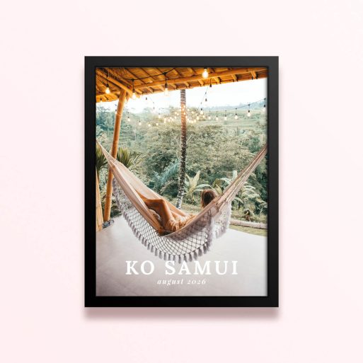 Simple framed prints designs with a single photo of a person relaxing in a hammock with a tropical landscape background