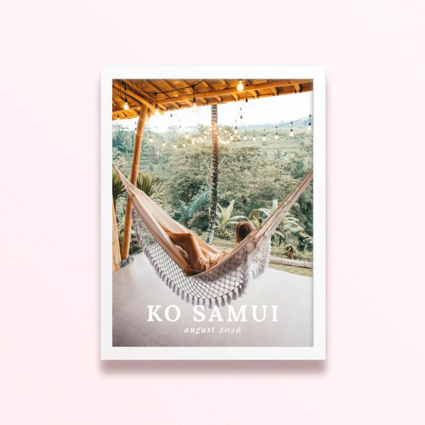 Simple framed prints designs with a single photo of a person relaxing in a hammock with a tropical landscape background