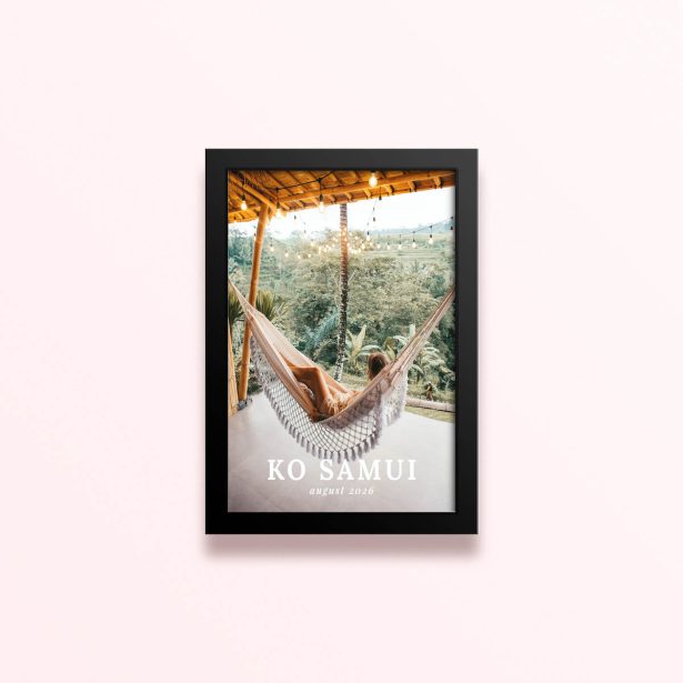 Simple framed prints designs with a single photo of a person relaxing in a hammock with a tropical landscape background