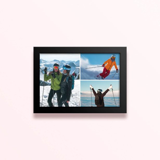 Simple framed prints designs with three skiing photos in the snow