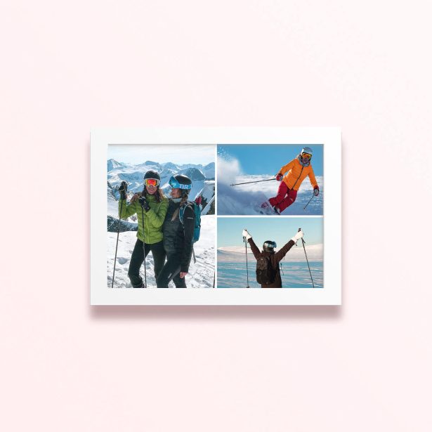 Simple framed prints designs with three skiing photos in the snow