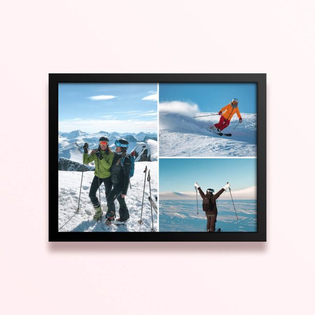 Simple framed prints designs with three skiing photos in the snow