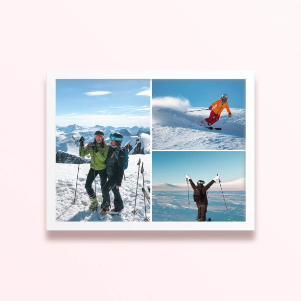 Simple framed prints designs with three skiing photos in the snow